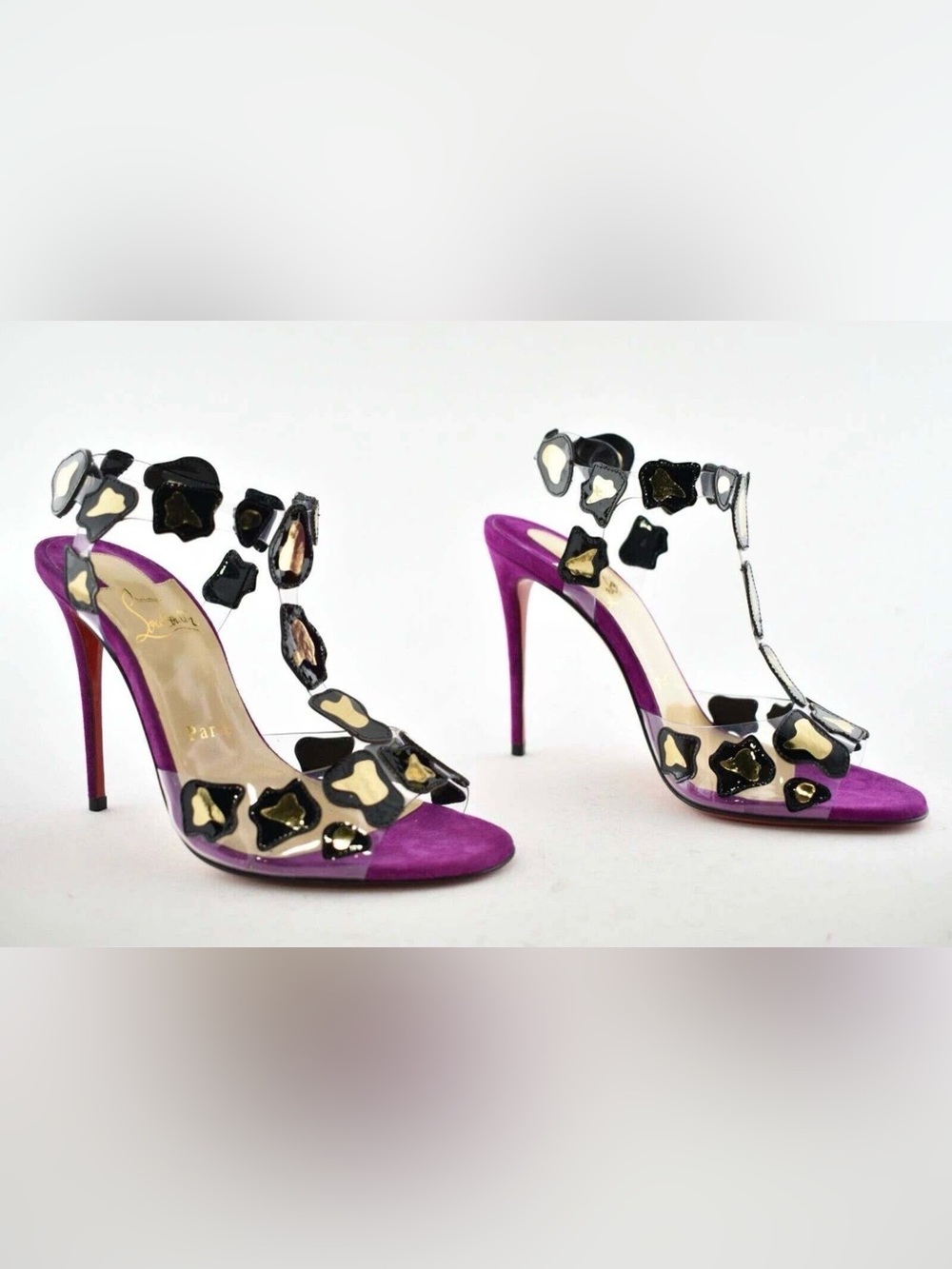 Christian Louboutin Parsemis 100 PVC Suede Sandals Purple Gold Size 36